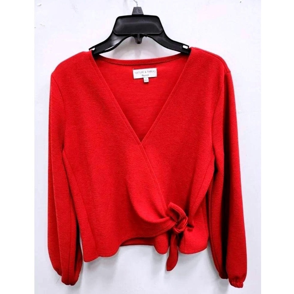 Madewell Texture & Thread Top Womens Medium Red Long Sleeve Tie Hem Preppy